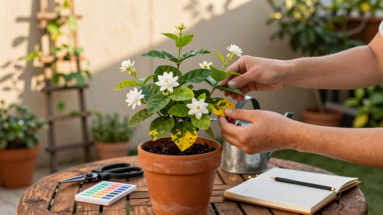 Hands tending to a potted jasmine plant with white flowers on a wooden table with gardening tools and notebook.