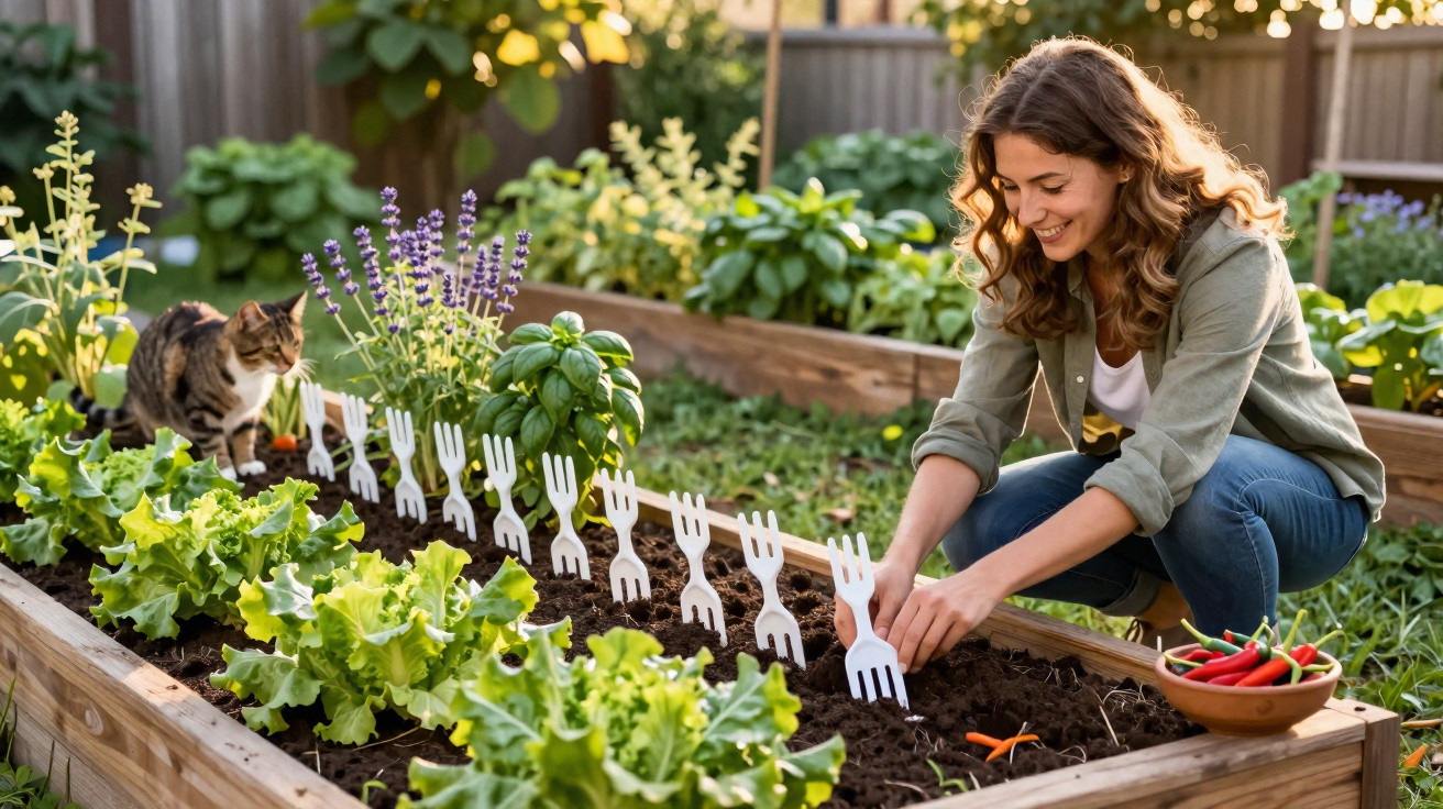 Woman planting forks as markers in a raised garden bed with a cat nearby and fresh vegetables around.