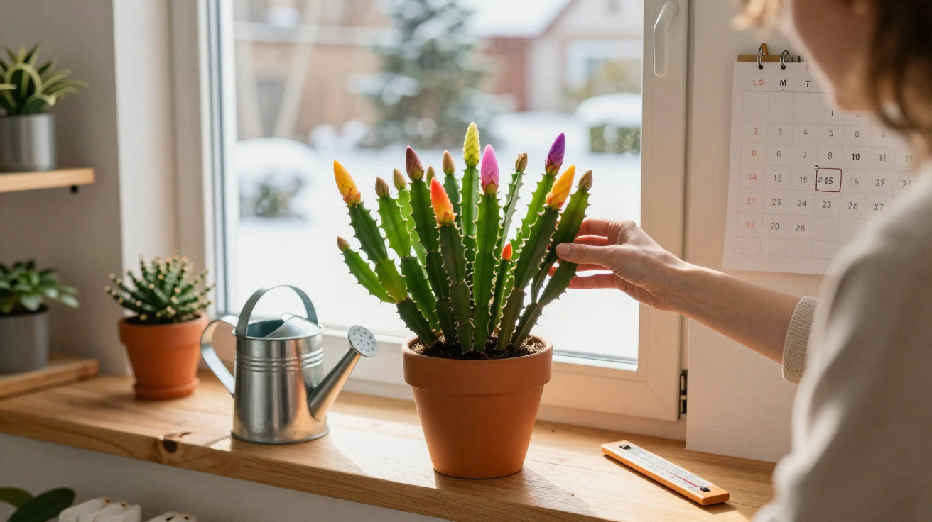 Person tending to a colourful cactus plant in a terracotta pot on a windowsill with other plants and a watering can nearby.