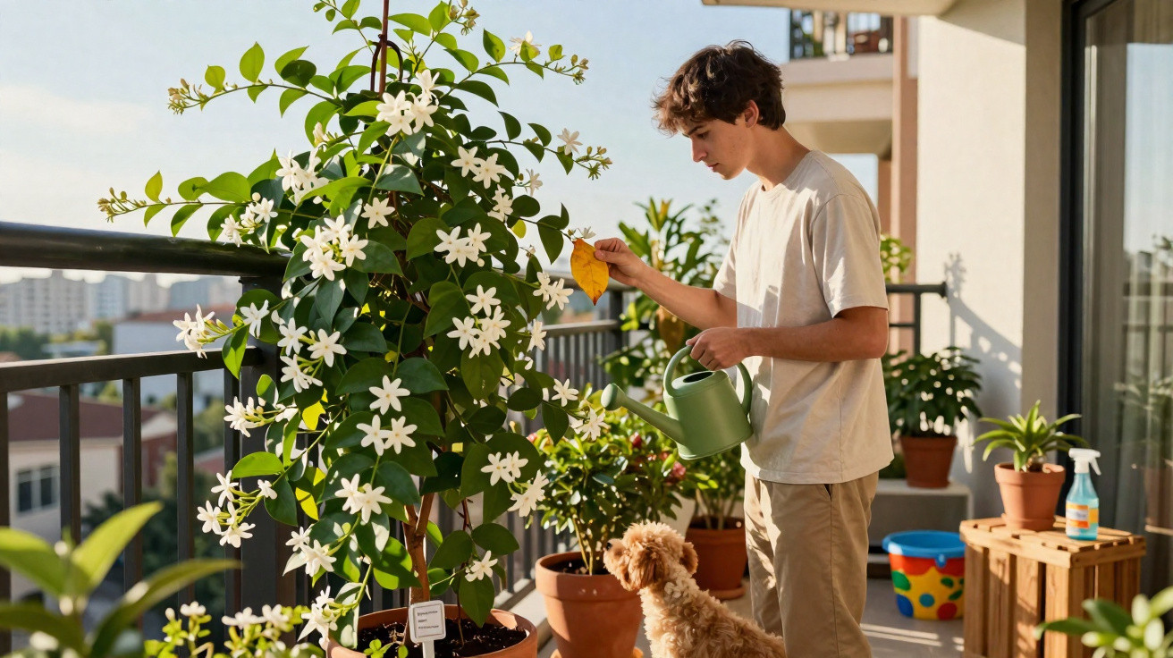Young man watering plants on a balcony as a small dog watches, with white flowering plant in the foreground.