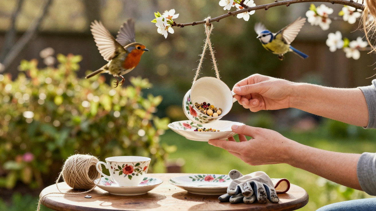Two birds flying near hands placing birdseed in a hanging teacup feeder on a wooden table outdoors