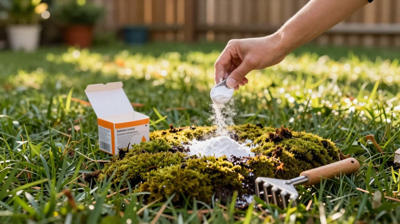 Hand sprinkling baking soda onto moss in grass with a small garden rake and box nearby on a sunny day.