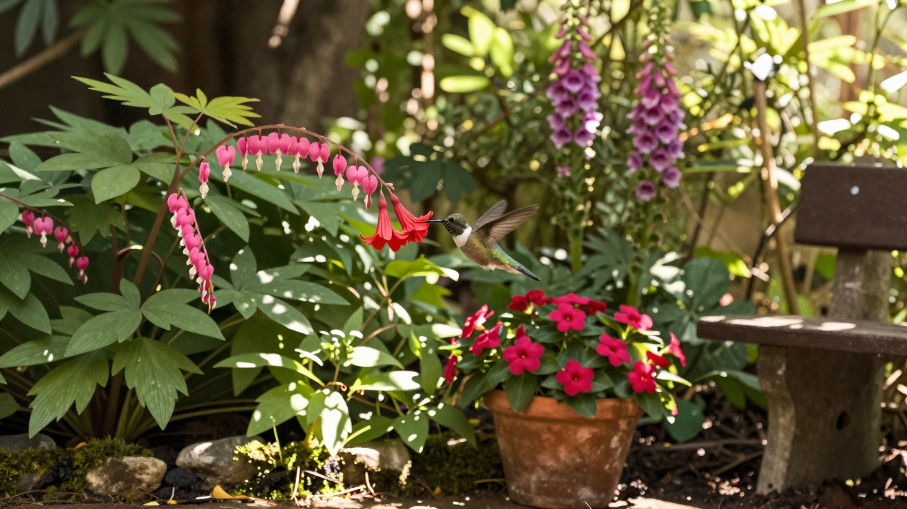 Hummingbird feeding from red flowers in a sunlit garden with potted plants and a wooden bench nearby.