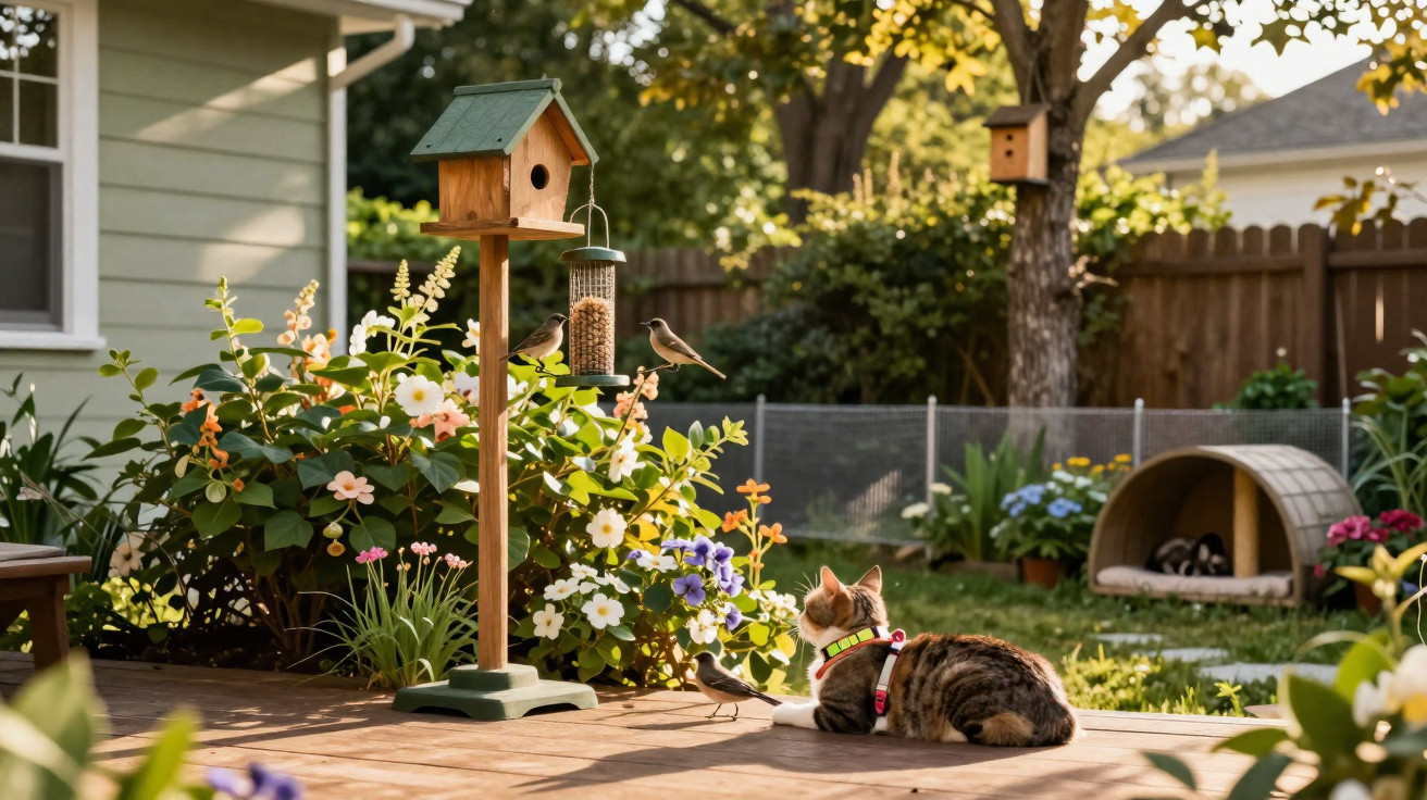 Tabby cat watches birds near a wooden bird feeder in a sunny, flower-filled garden.