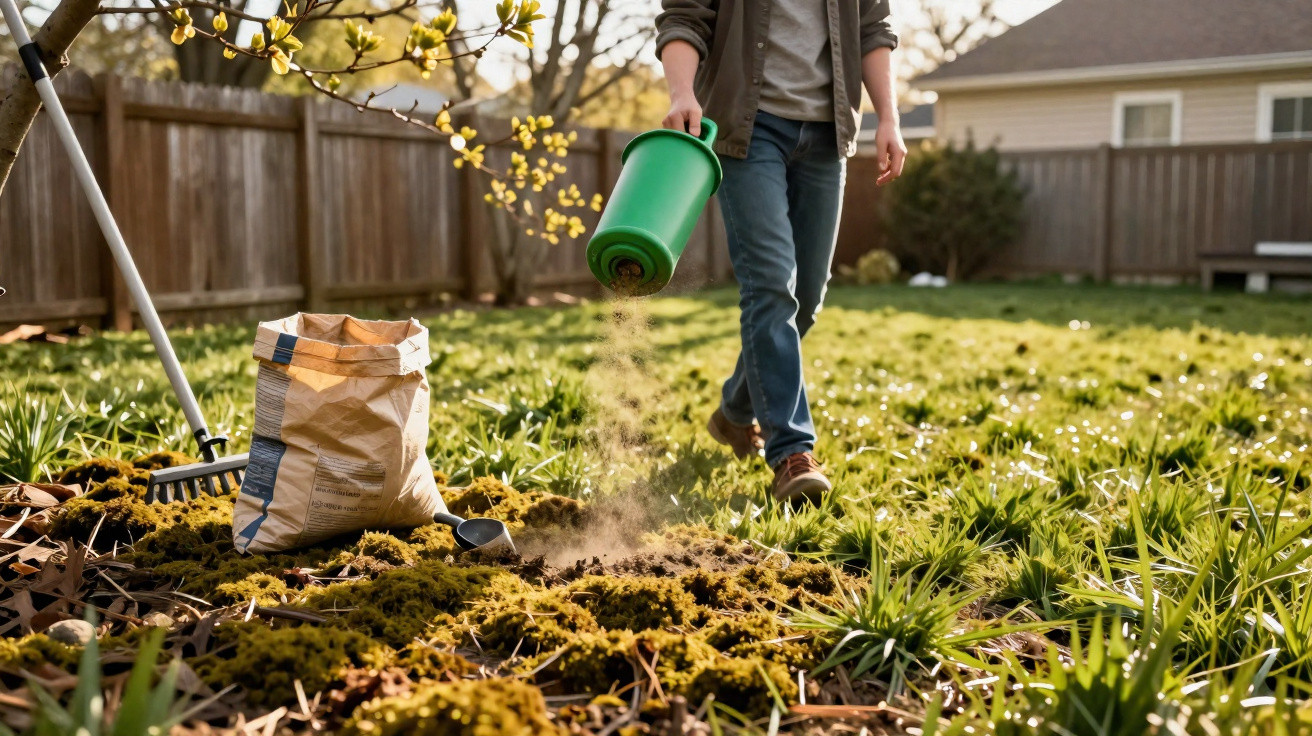 Person spreading fertiliser in a sunny garden patch with grass and young plants growing around.