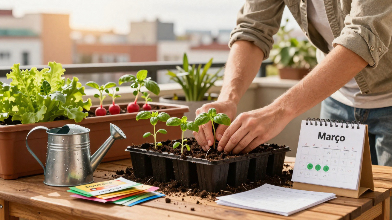 Hands planting seedlings into soil trays on a wooden table with a watering can and March calendar nearby.