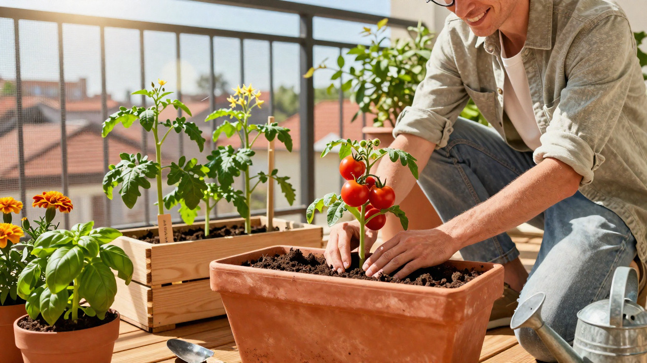 Person gardening on a balcony, planting ripe cherry tomatoes in a terracotta planter in sunlight.