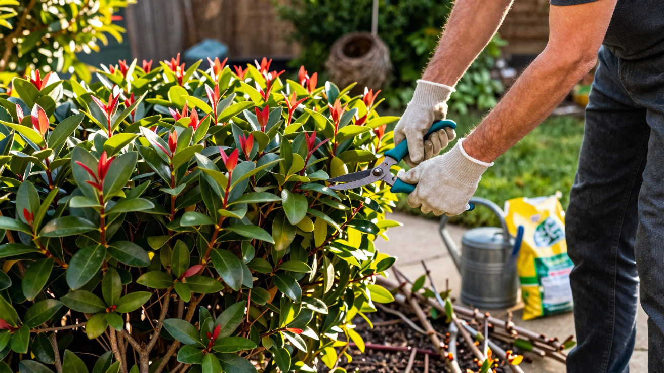 Person wearing gloves trimming a bush with garden shears in a sunny backyard garden.