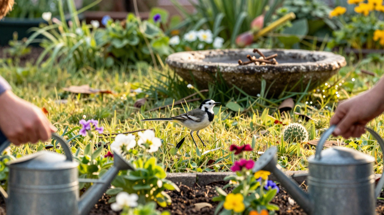 A small black and white bird on grass between two hands holding watering cans in a colourful garden.