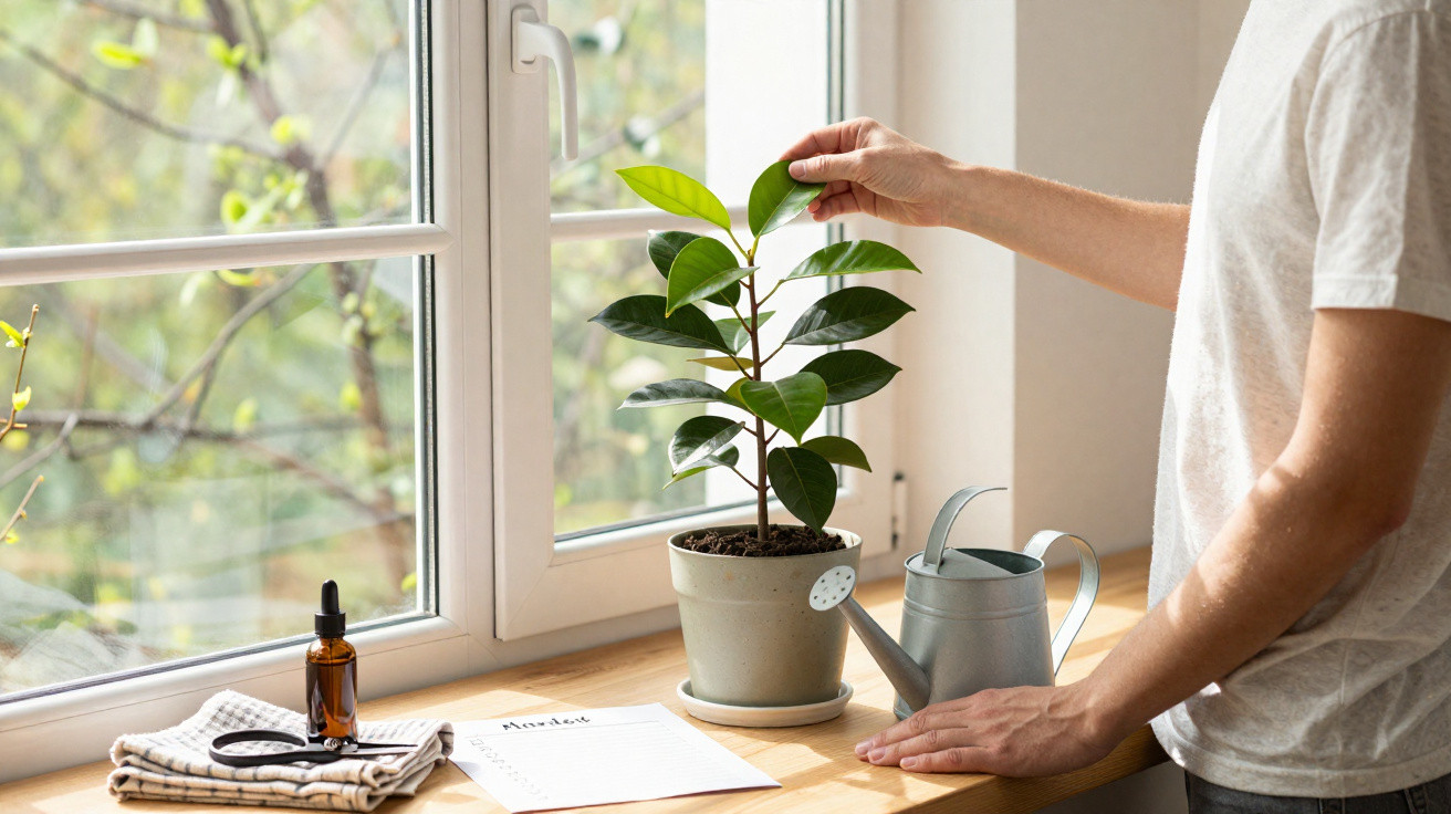 Person tending to a potted plant on a windowsill with a watering can and plant care items nearby.