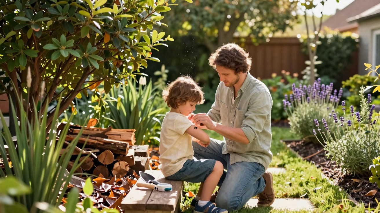 Man kneeling to apply a bandage on a boy’s arm in a sunny garden surrounded by plants and logs