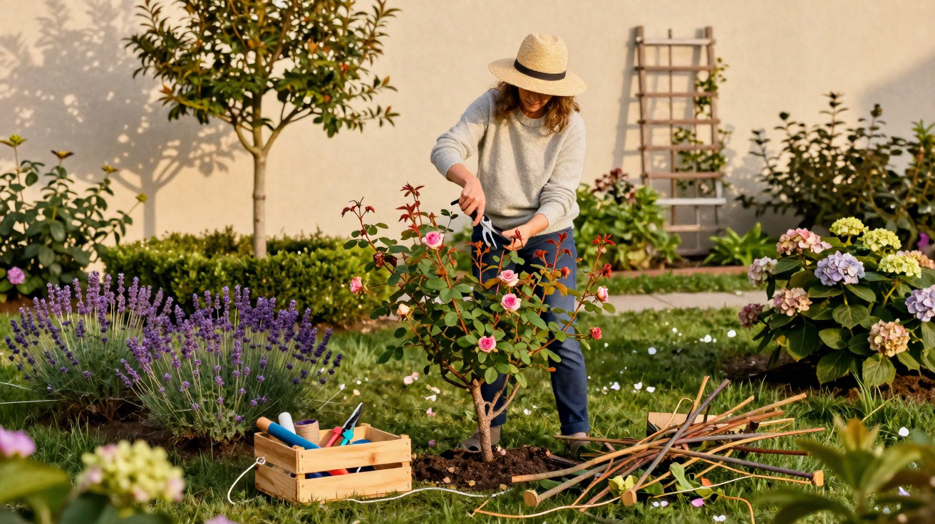 Person wearing a hat pruning a rose bush in a sunny garden surrounded by various plants and gardening tools.