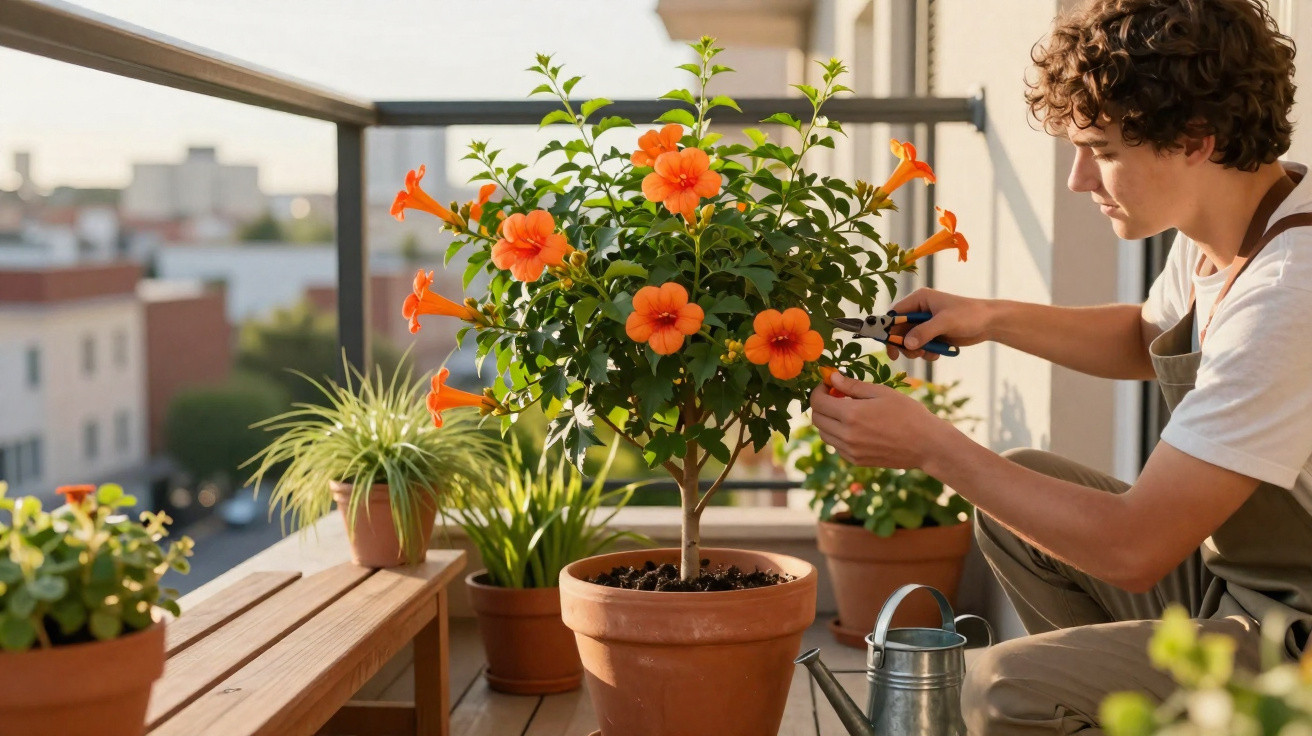 Person trimming orange flowers on a balcony garden with various potted plants in sunlight.