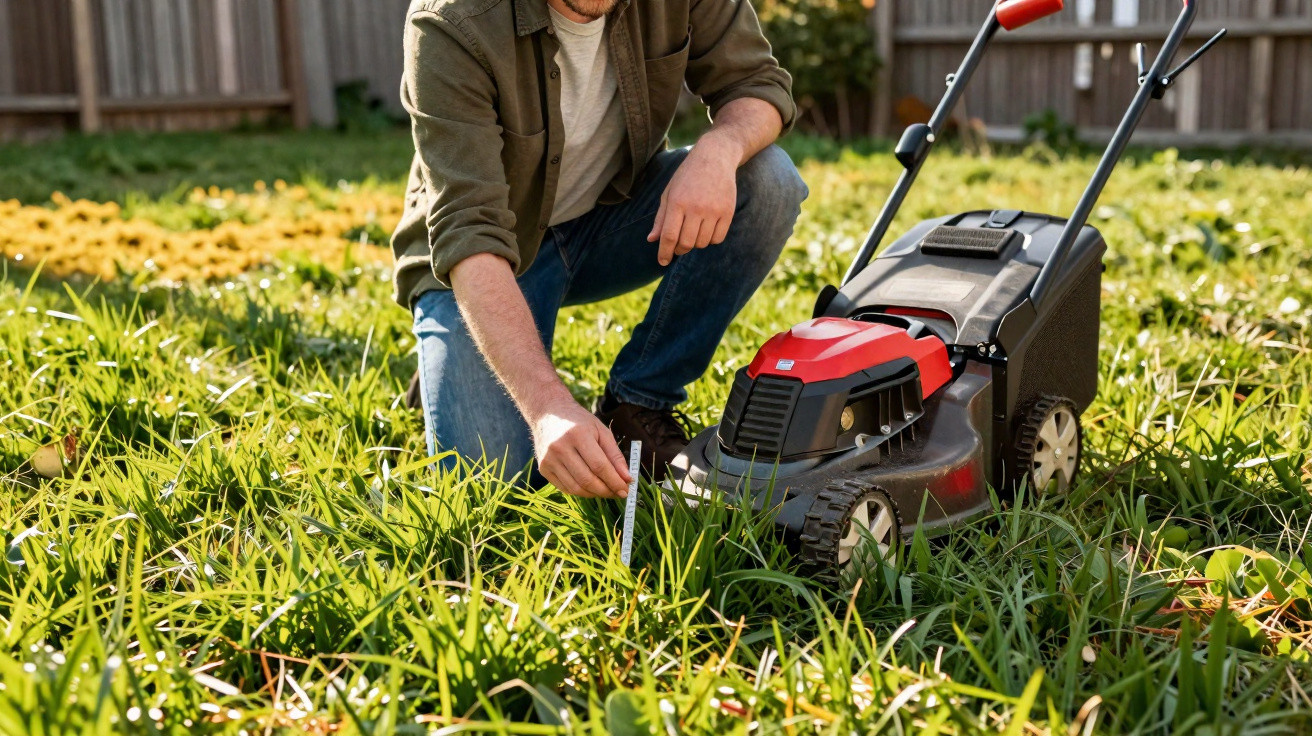 Person measuring long grass with ruler beside red and black electric lawn mower on sunny lawn.