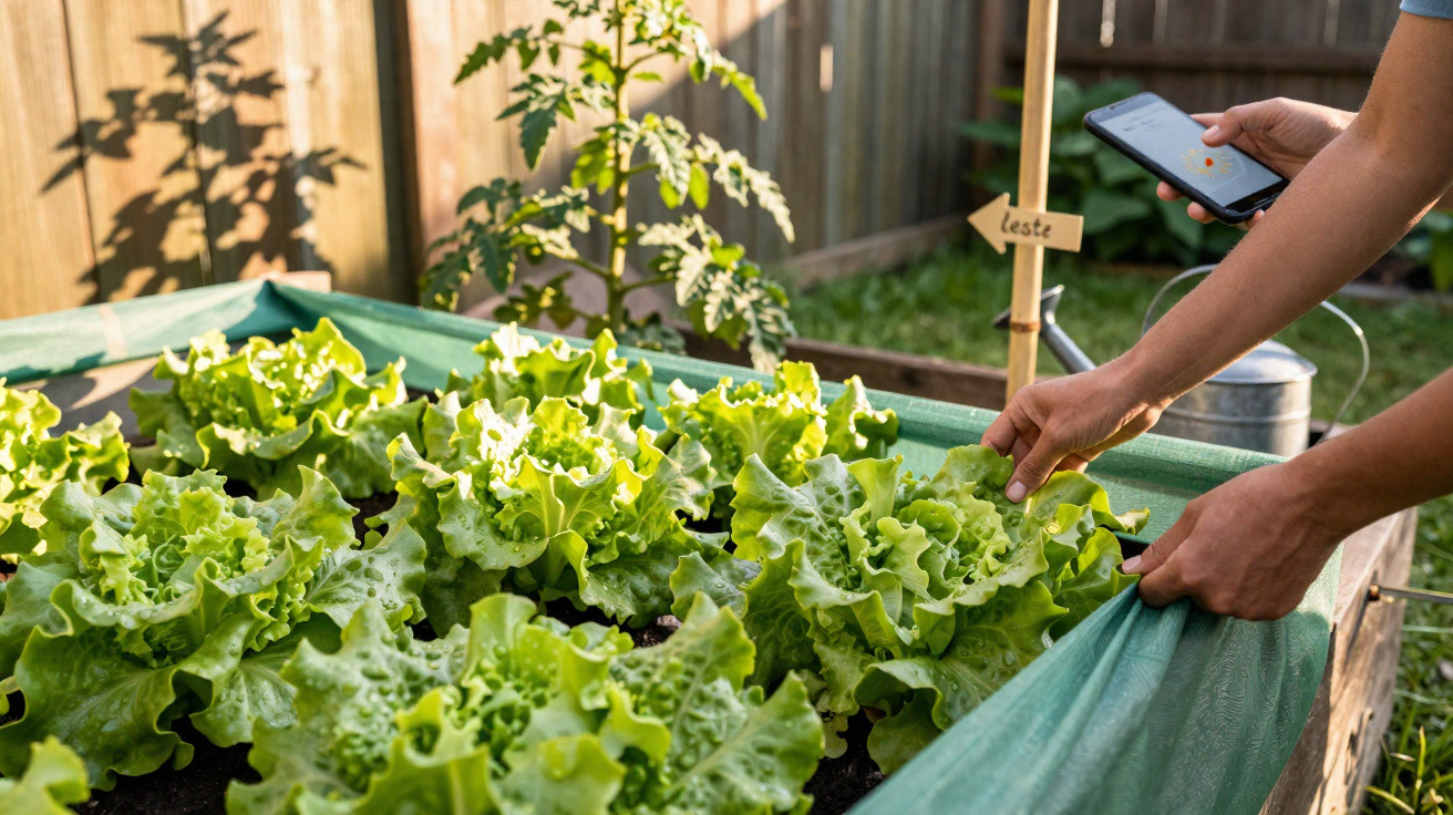 Person harvesting fresh lettuce from a raised garden bed in a sunny backyard.
