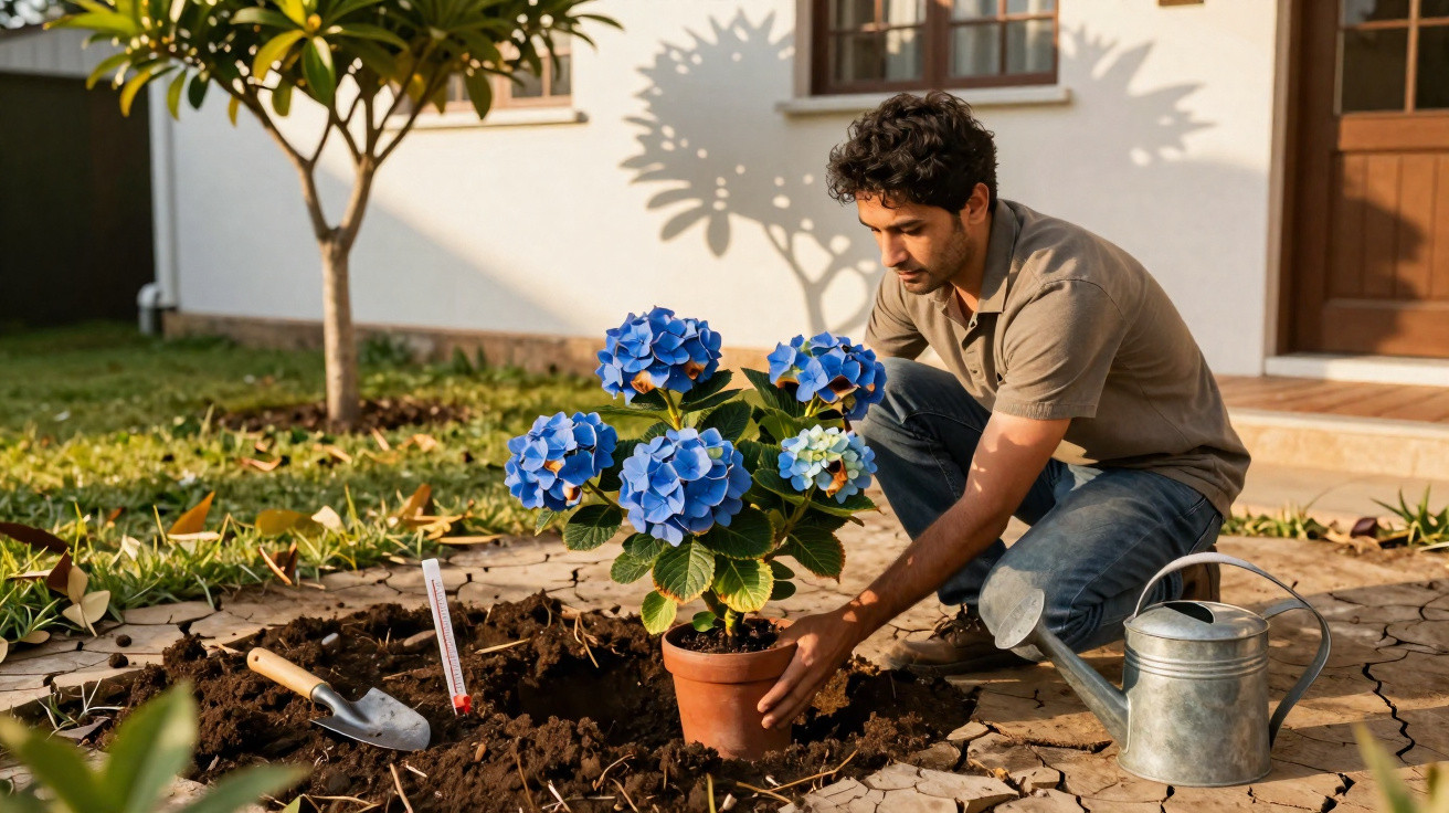 Man planting a blue hydrangea in a garden bed near a watering can and trowel outside a house.