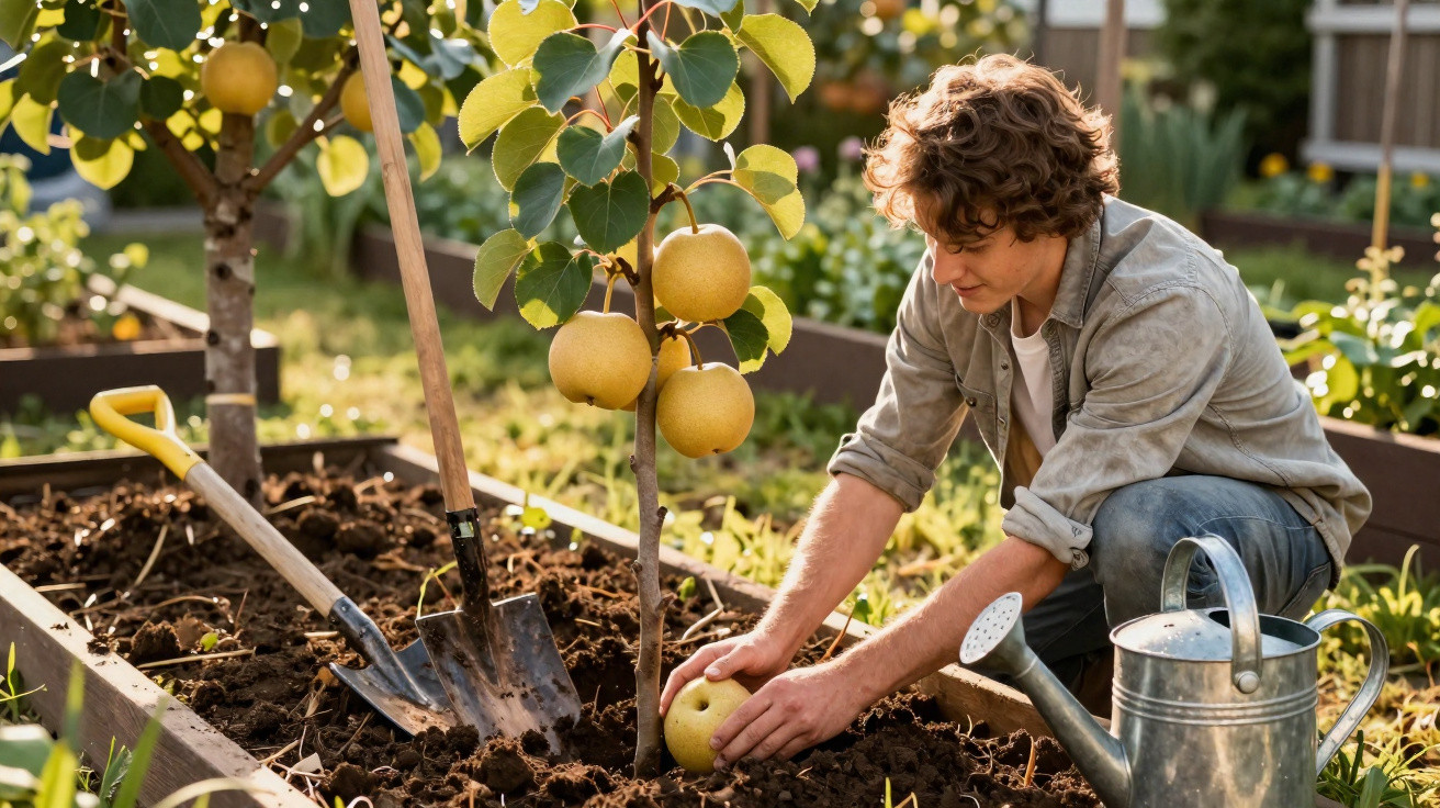 Young man planting a small fruit tree in a garden with a watering can and shovel nearby.