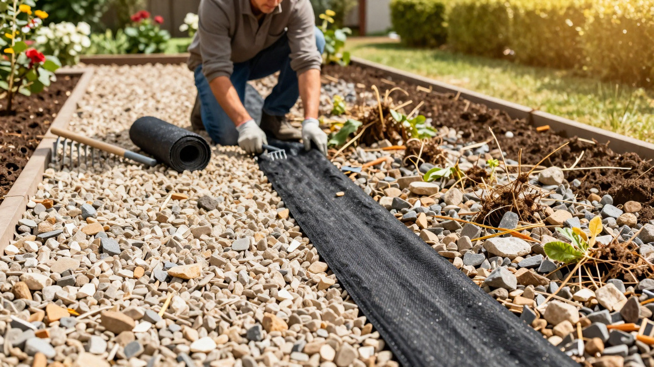 Person laying landscape fabric on a gravel garden path next to planted flower beds on a sunny day.
