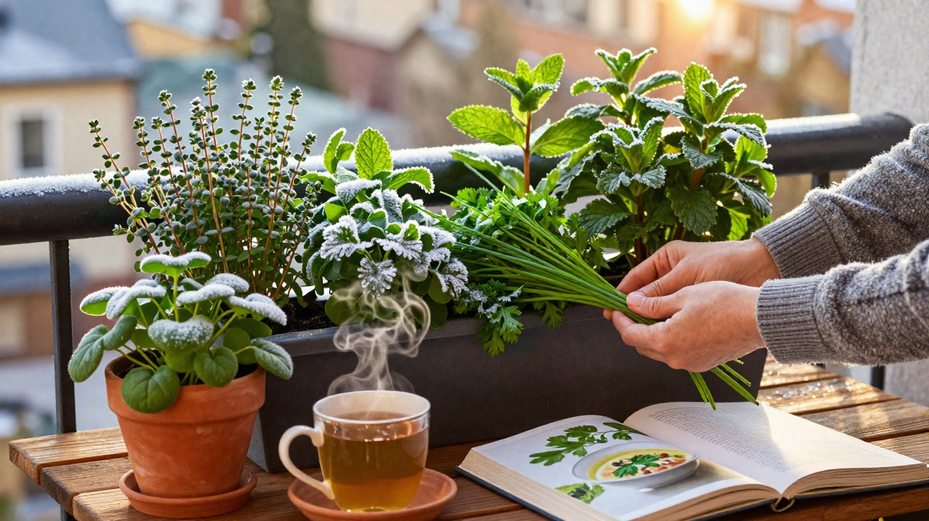 Person harvesting fresh herbs from a balcony garden with a steaming cup of tea and a cookbook nearby.