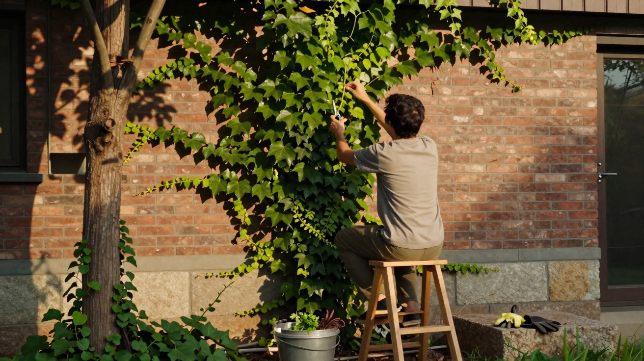 Person sitting on a wooden stool trimming green climbing plants against a brick wall in sunlight.