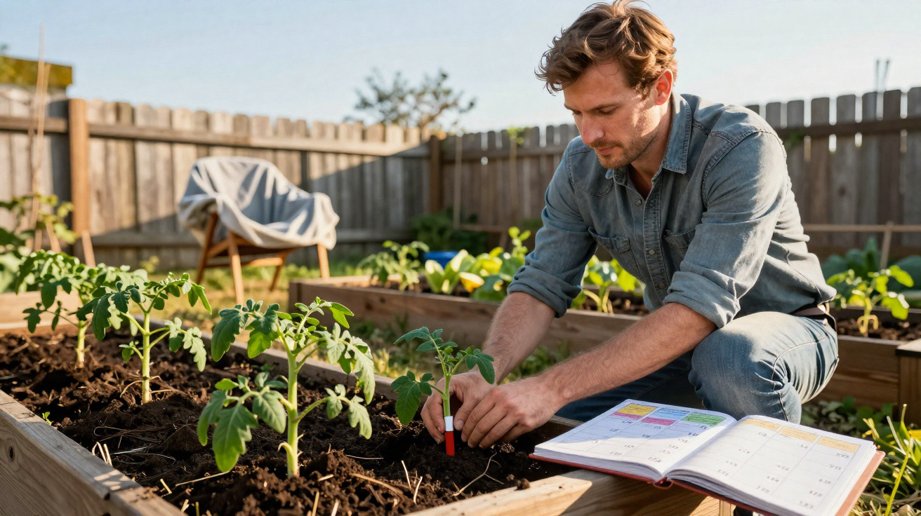 Man gardening and planting seedlings in raised bed with open planner nearby on a sunny day