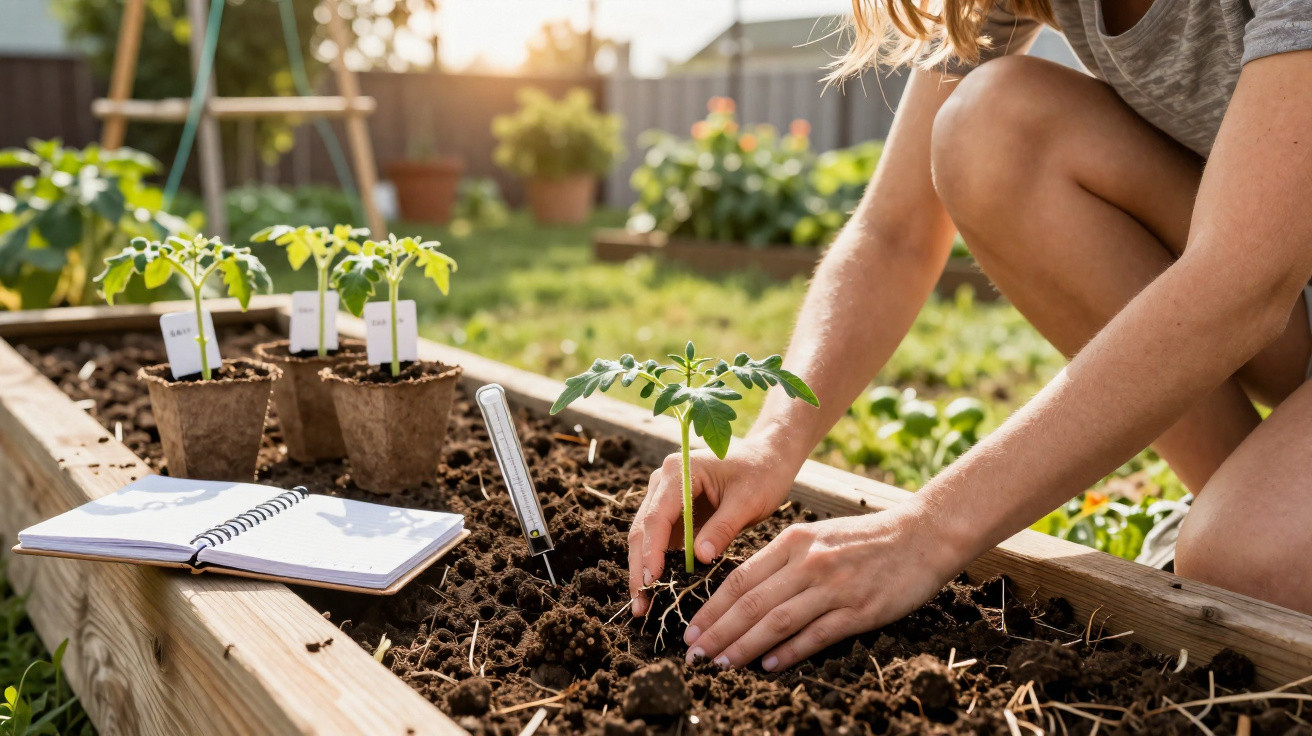 Person planting a seedling in a wooden raised garden bed on a sunny day.