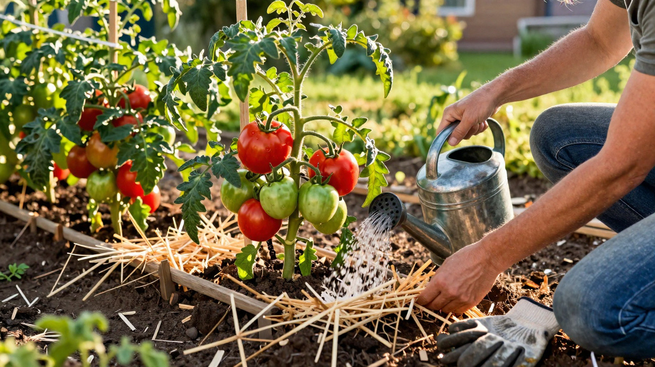 Person watering a tomato plant with ripe and unripe tomatoes in a sunlit garden bed.
