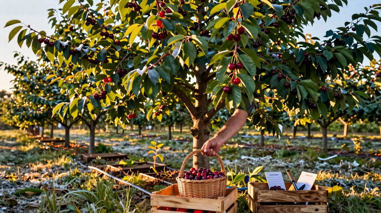 Person picking ripe cherries from a tree into a basket in a sunlit orchard.