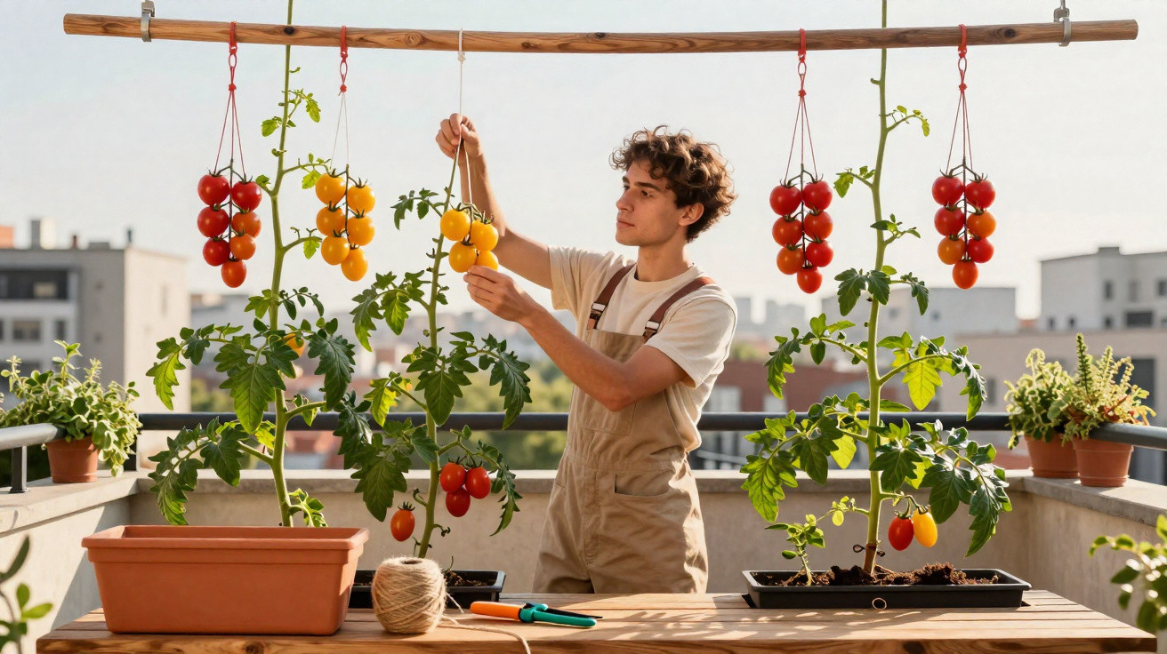 Young man in overalls tending to hanging tomato plants on a balcony garden in the city.