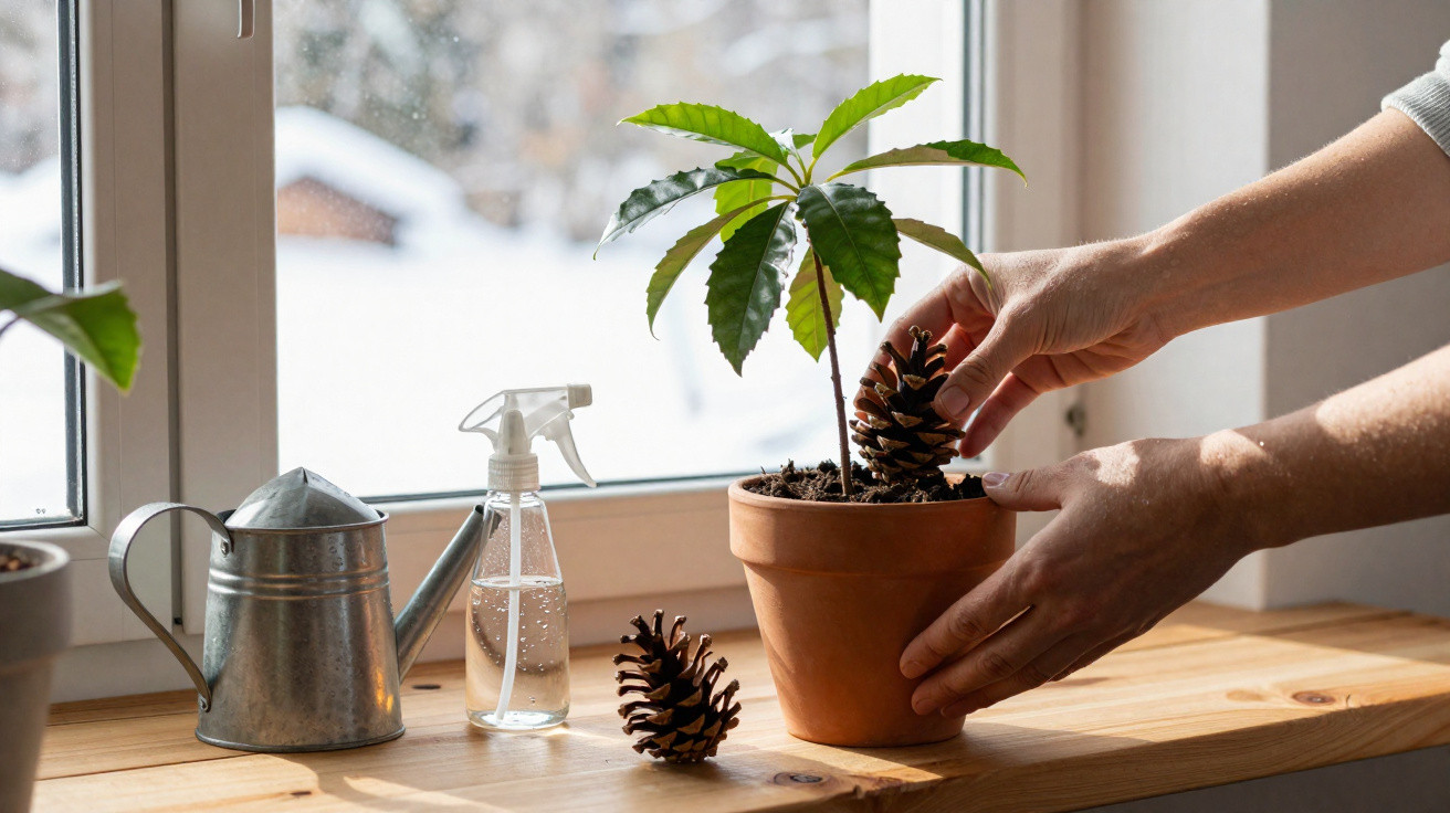 Hands placing a pinecone in a terracotta pot with a green plant on a wooden windowsill beside a watering can.