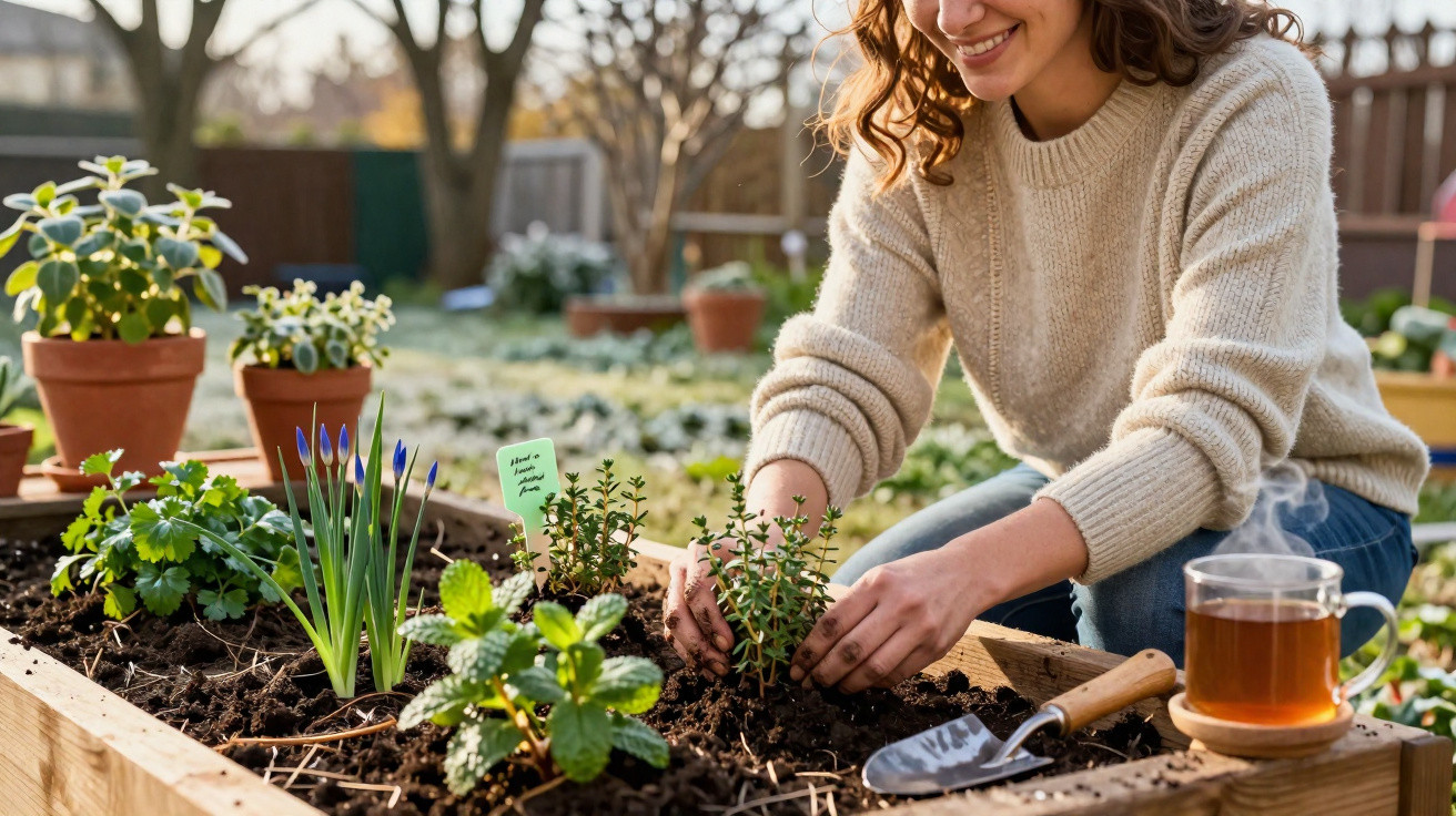 Woman kneeling in a garden bed planting herbs with gardening tools and a cup of tea beside her.