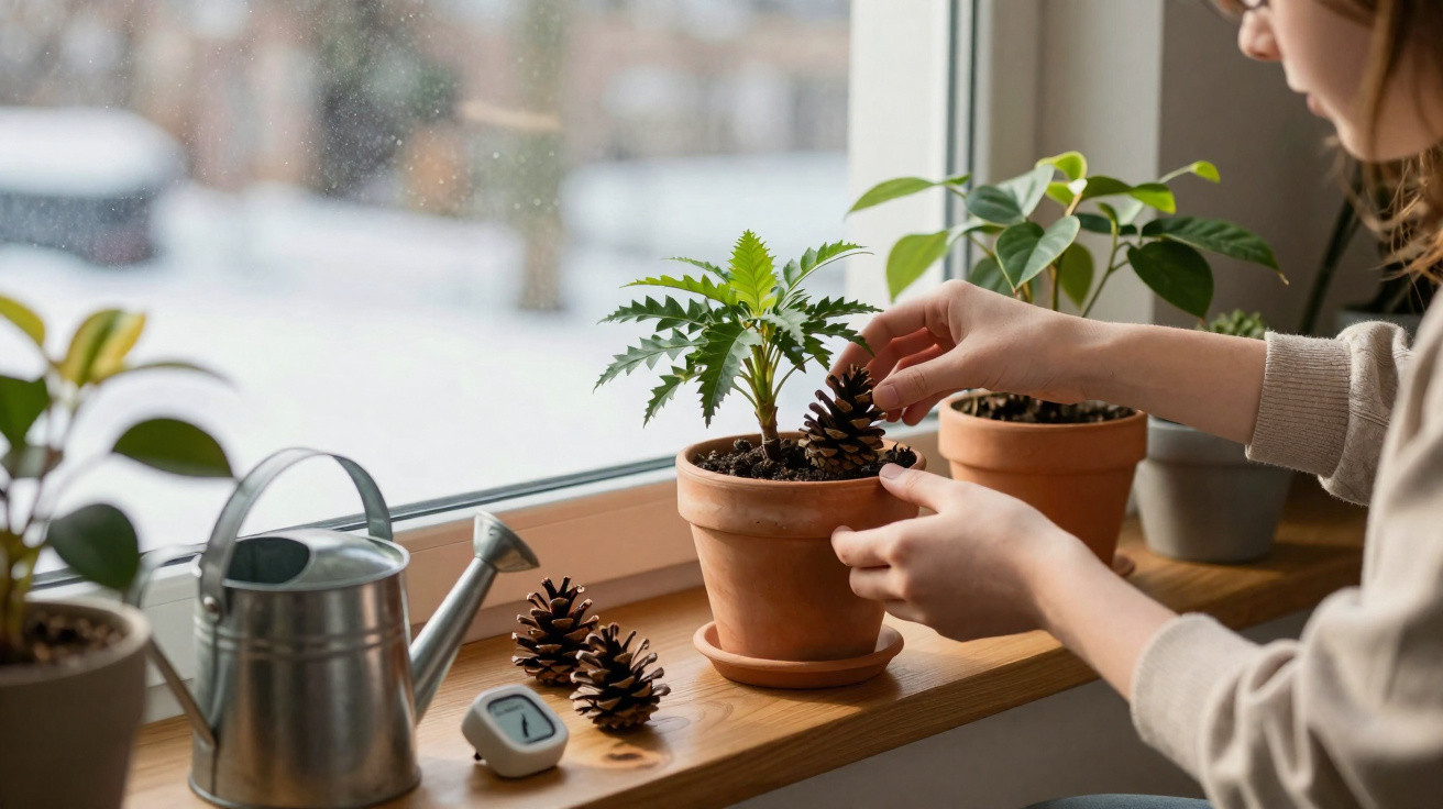 Person placing a pine cone in a terracotta plant pot on a windowsill with other plants and gardening tools nearby.