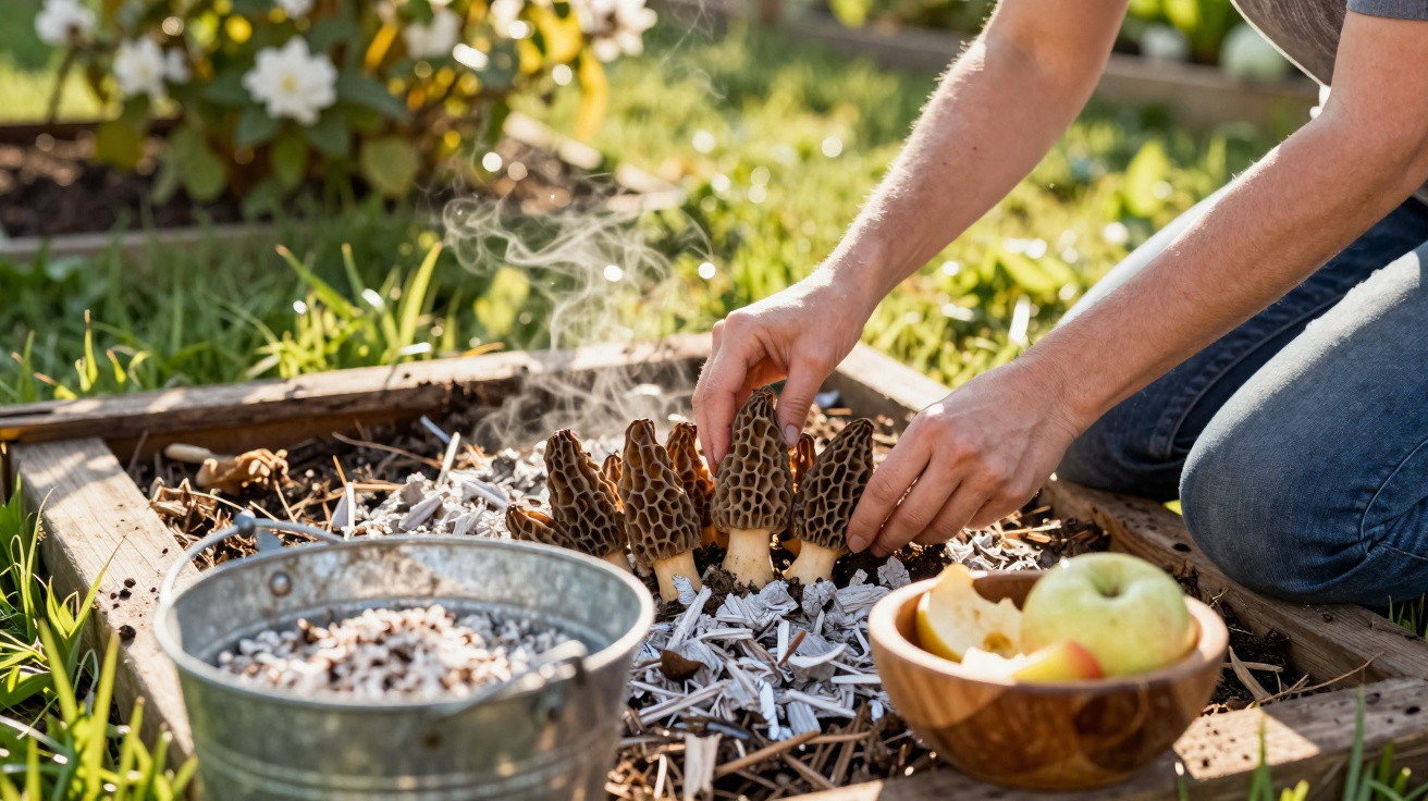 Person harvesting morel mushrooms growing in a garden bed with a bowl of apples nearby.