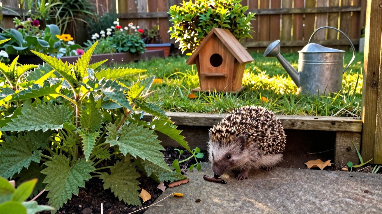 Hedgehog on garden path near plants, wooden birdhouse, and metal watering can in sunlight.