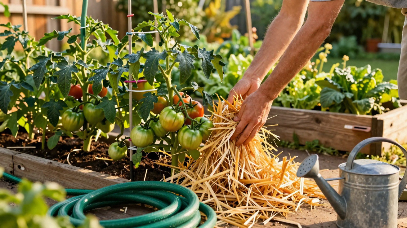 Person mulching soil in raised garden bed with green tomato plants, garden hose, and watering can nearby.