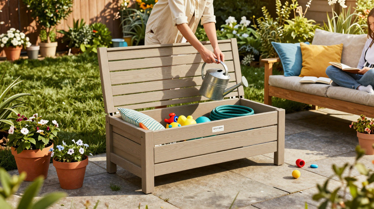 Person placing a watering can inside an open garden storage bench filled with toys and a garden hose.