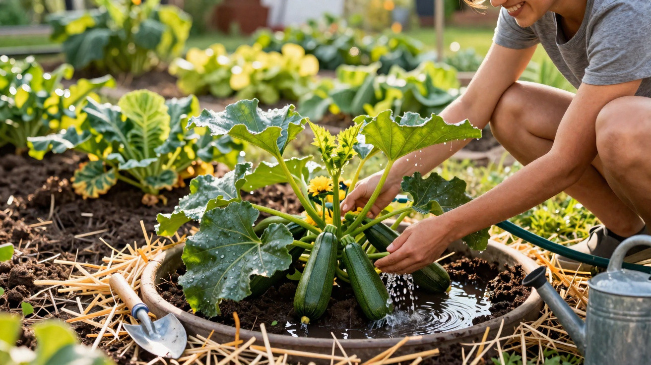 Person watering a zucchini plant growing in a garden bed surrounded by straw mulch.