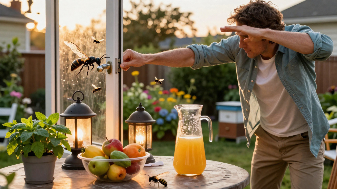 Man shielding eyes as large animated bees fly around a garden table with fruit and juice at sunset.