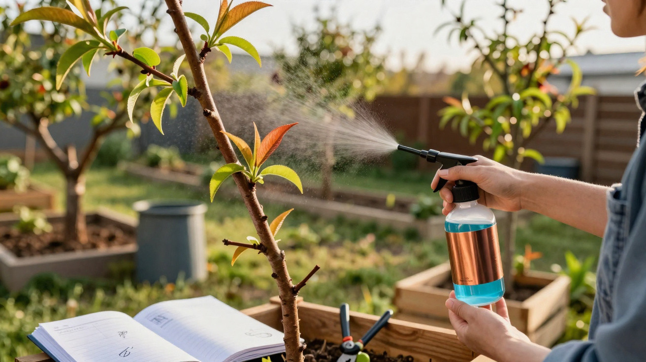 Person spraying liquid on young tree in garden with an open notebook and gardening tools nearby