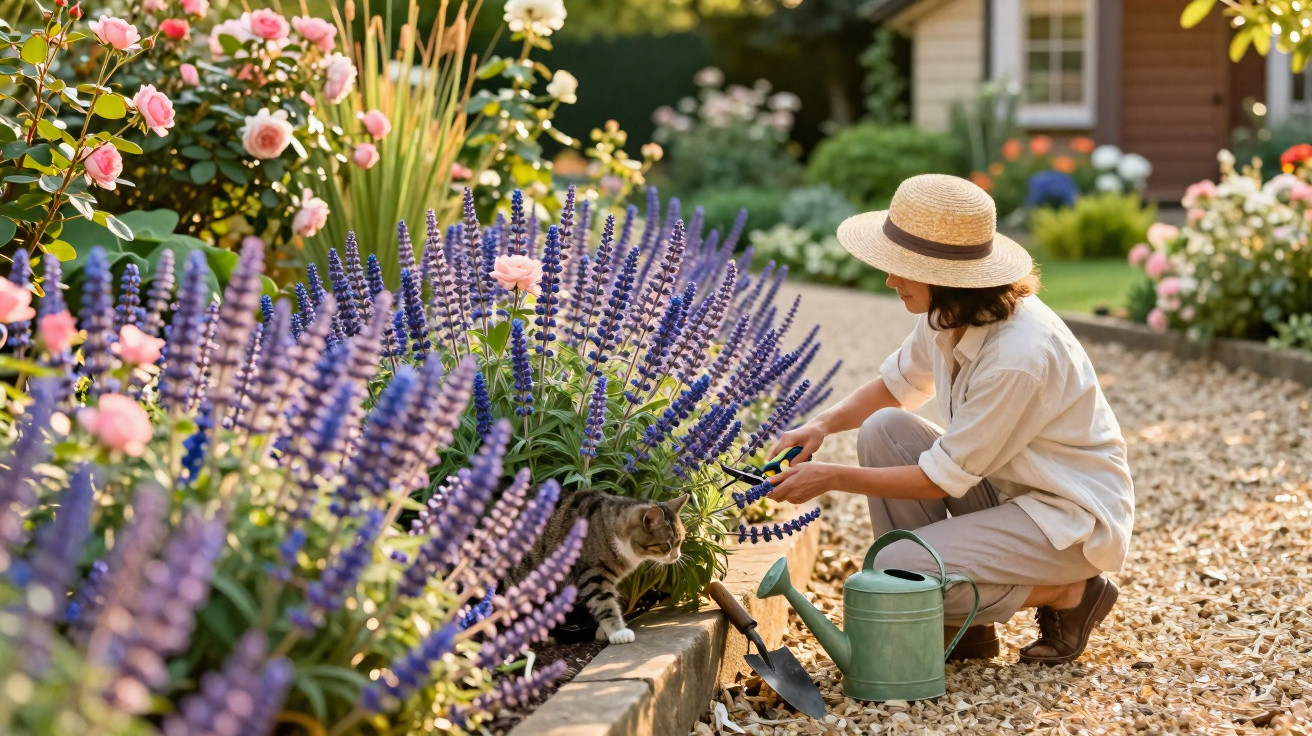 Woman wearing a straw hat gardening among purple and pink flowers with a watering can and a cat nearby.