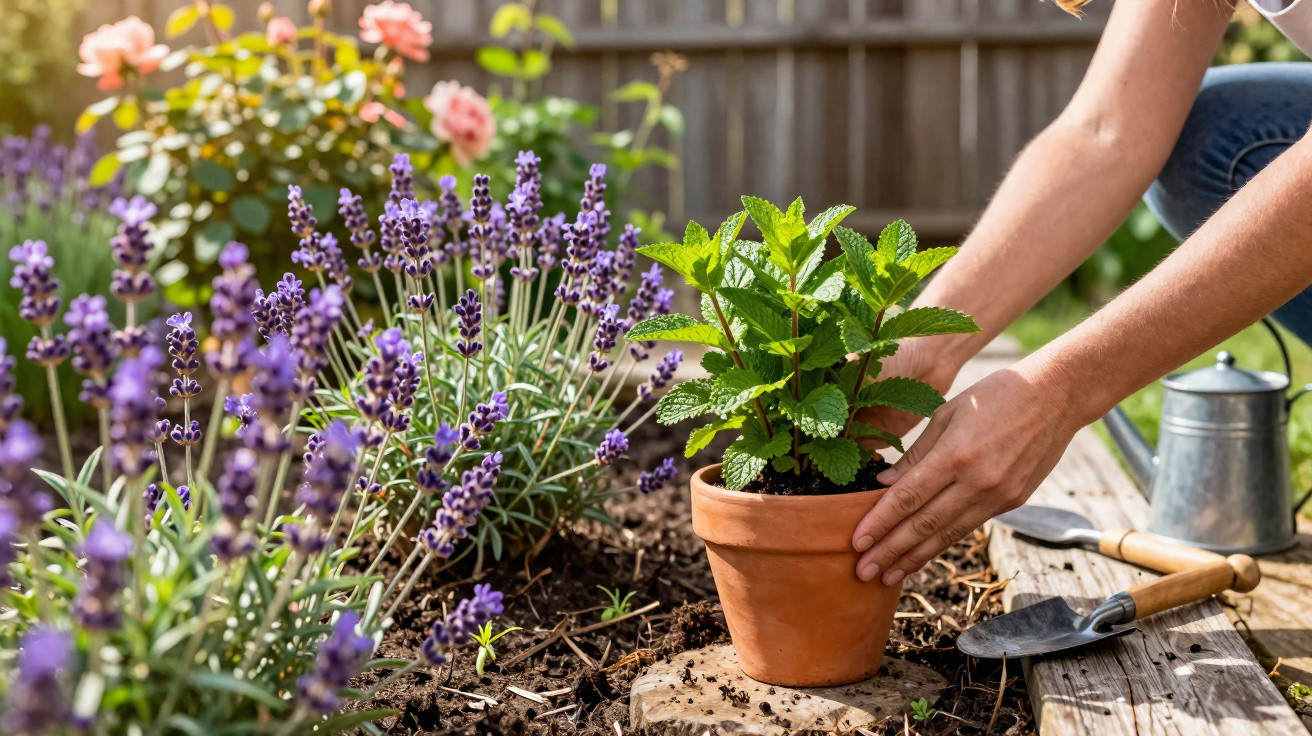 Hands planting a potted green herb in soil beside blooming lavender and roses in a sunny garden.