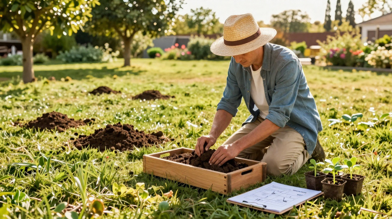 Man wearing a straw hat gardening with soil in a wooden box and plant seedlings on grass outdoors.