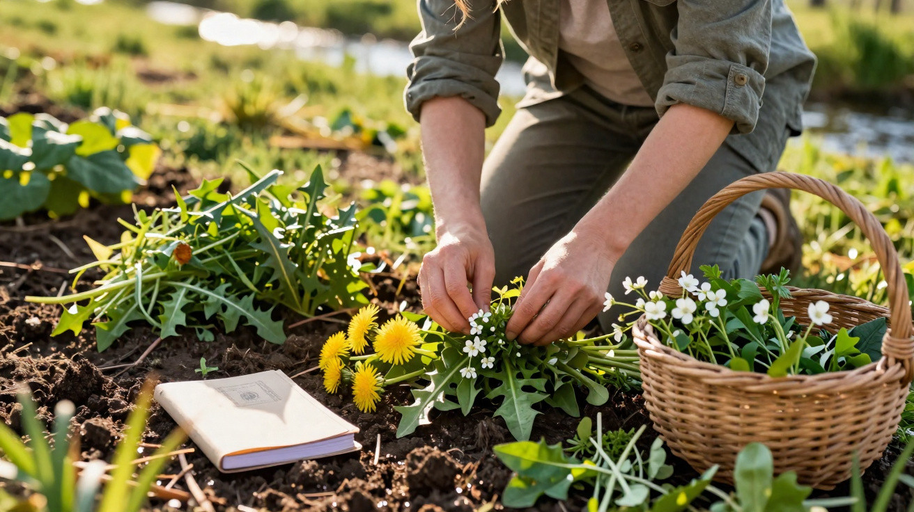 Person harvesting white flowers and dandelions in a garden with a wicker basket and notebook nearby.