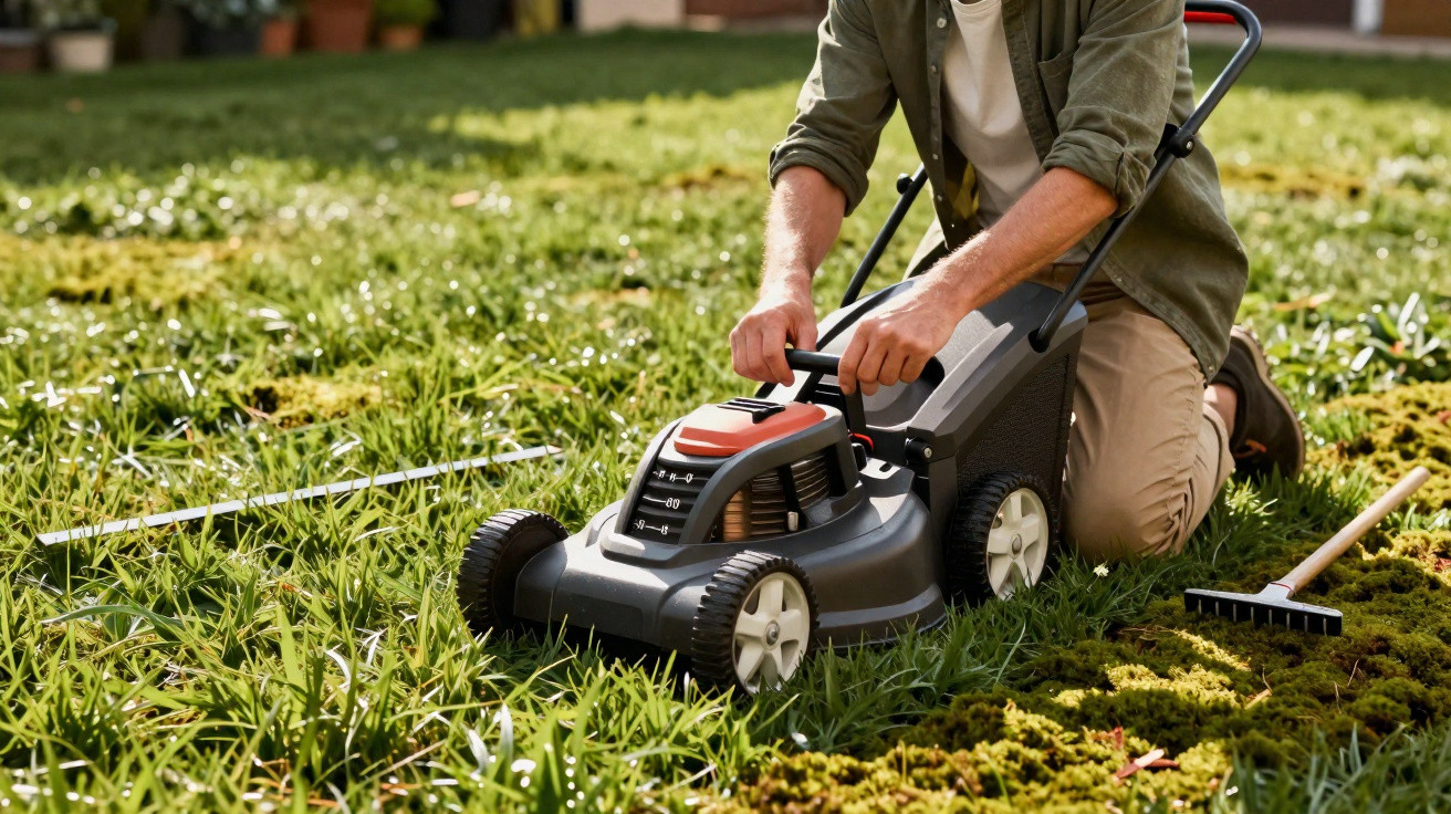 Person adjusting settings on a lawn mower while kneeling on overgrown grass in a garden.