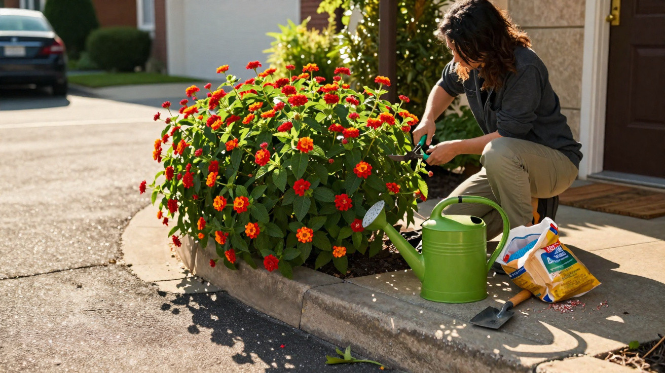 Person tending to vibrant red and orange flowers in a garden bed by a driveway with gardening tools nearby.