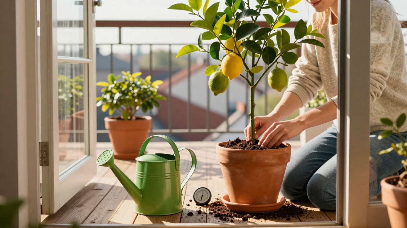 Person tending to a potted lemon tree on a sunlit balcony with a green watering can nearby.