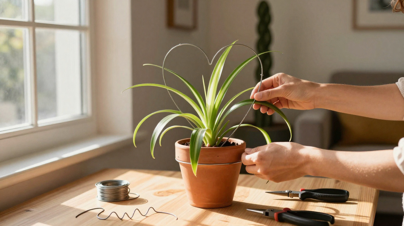 Person shaping a spider plant in a terracotta pot on a wooden table near a window with gardening tools.