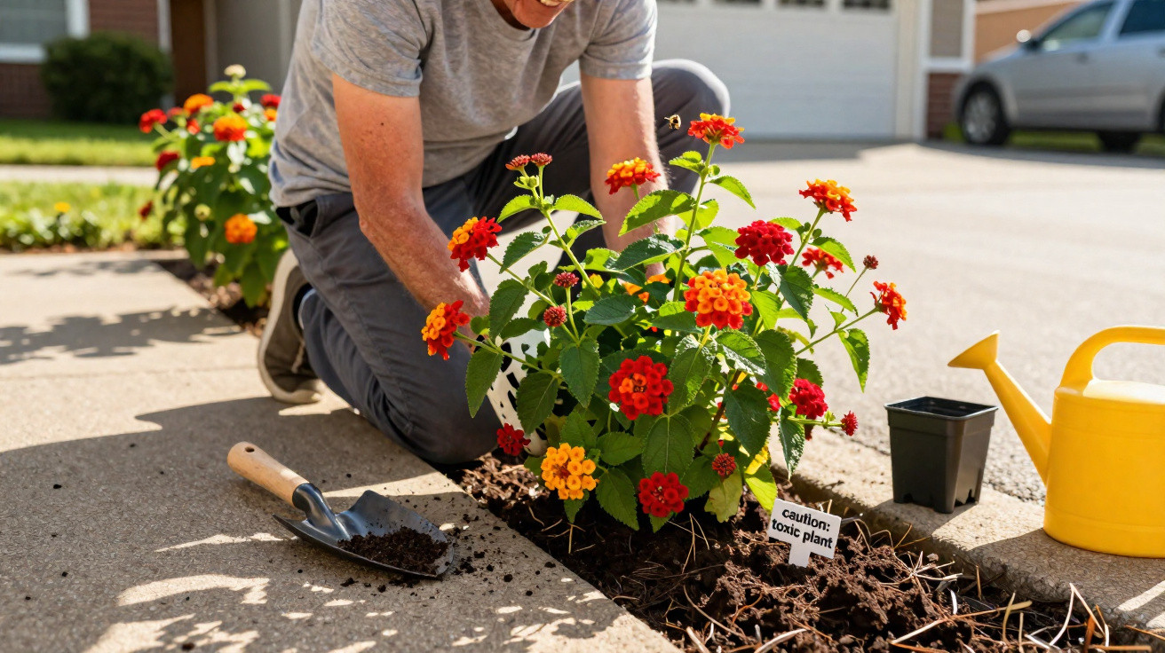 Person planting colourful lantana flowers with a caution toxic plant sign in a garden bed near a driveway.
