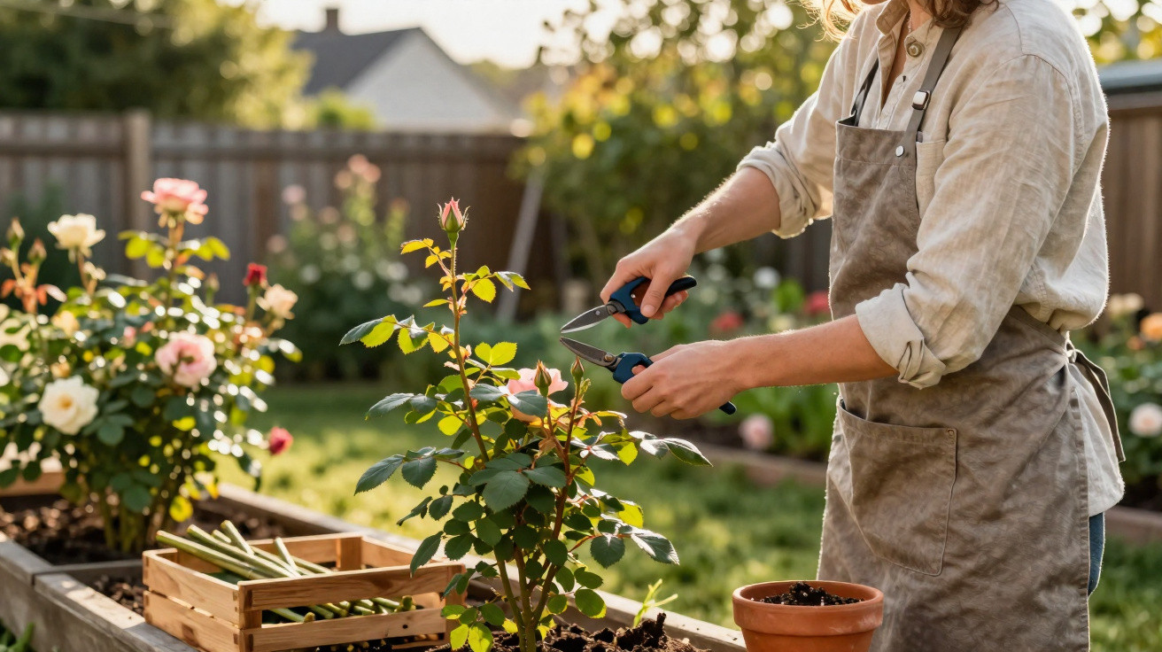 Person wearing an apron pruning rose bushes in a sunny garden with gardening tools and wooden crates nearby