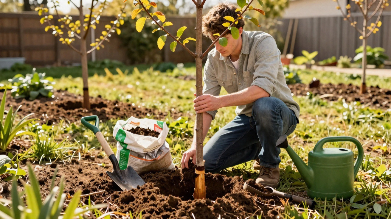 Man planting a young tree in a garden with gardening tools and a watering can nearby.
